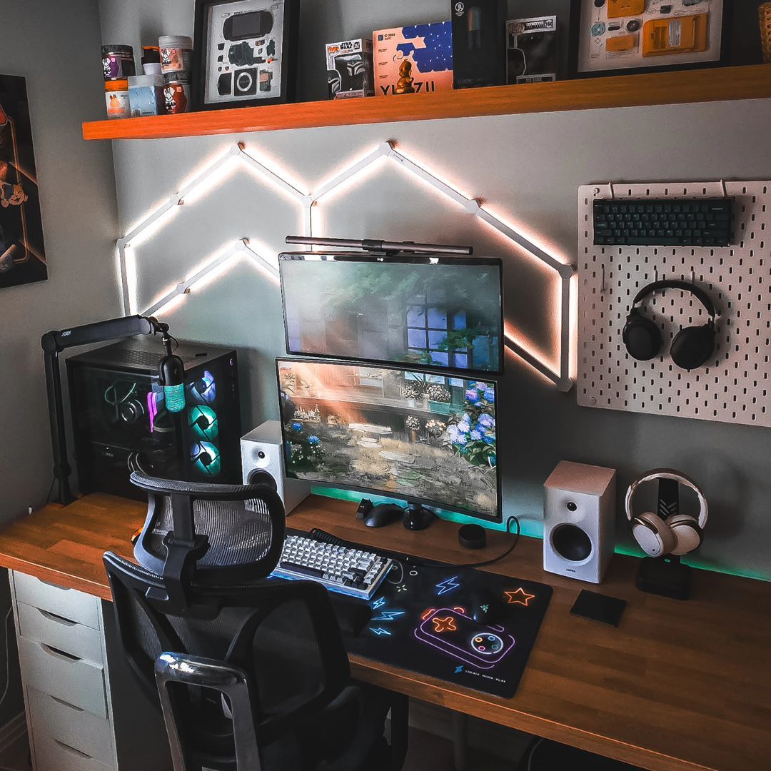 High performance liquid cooled gaming setup with warm lighting